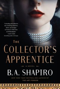 Cover art for The Collector's Apprentice. Shows the lower half of a woman's face. She is wearing red lipstick and pearl strands.