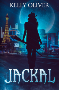 Cover art for JACKAL. A blue background with a shadow woman holding a shotgun with Vegas casinos in background.