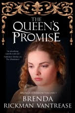 Cover art for The Queen's Promise. Black background with a photo of girl with medieval hair.