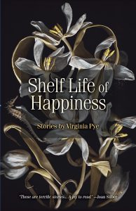 Cover art for Shelf Life of Happiness shows a black background with wilted flowers on it.