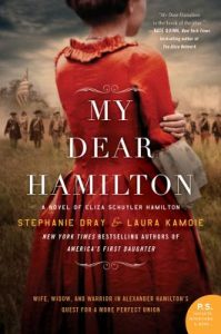 The cover of My Dear Hamilton has a woman in an old-fashioned red dress with her back to the camera.