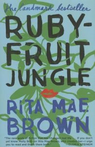 Cover of Rubryfruit Jungle has a leafy green plant on a blue background with red lips in the middle of the plant.