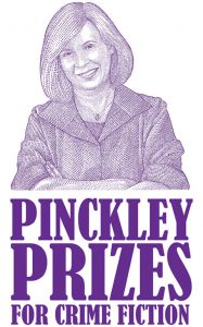 Logo for Pinckley Prizes shows a sketch of Diane Pinckley and says Pinckley Prizes for Crime Fiction all in purple.