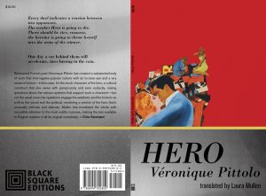 Cover of Hero has a red and gray background and an illustration of a man kissing a woman.