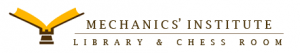 Mechanics' Institute Logo has an open book and says in brown letters Mechanics' Institute Library and Chess Room.