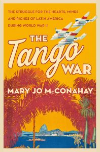 Cover of The Tango War shows bright oranges, red, and blues. There is an airplane flying over a harbor.