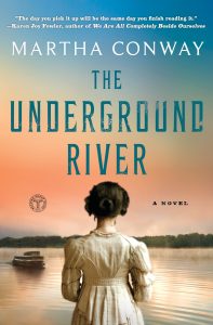 Cover of The Underground Rivers shows the back of a woman wearing an old-fashioned dress and hair style. She is facing a river.