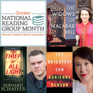 A photo collage of NRGM logo, The Widows of Malabar Hill, The Thief of All Light, and The Brightest Sun.