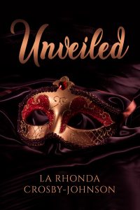 Cover of Unveiled has a black cover with gold cursive writing and a gold mask.
