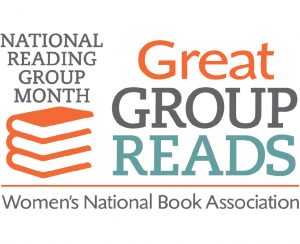 Logo that says Great Group Reads in large font on right with National Reading Group Month and a stack of orange books on left and Women's National Book Association written at bottom