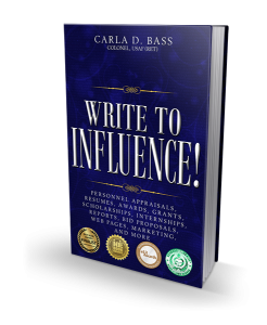 3-D cover image of Write to Influence ahs a navy blue background and white lettering.