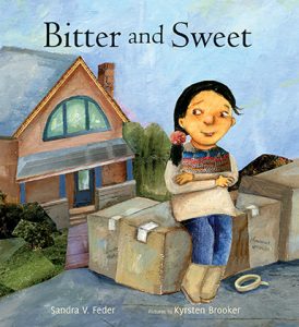 Cover of Bitter and Sweet: A little girl sits on moving boxes.