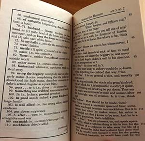 Photo of an open copy the Folger Shakespeare Library's edition of Measure for Measure by William Shakespeare, which shows key words on the left page.