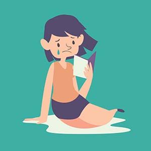 Cartoon image of a girl crying while reading. She is sitting in a puddle of tears.