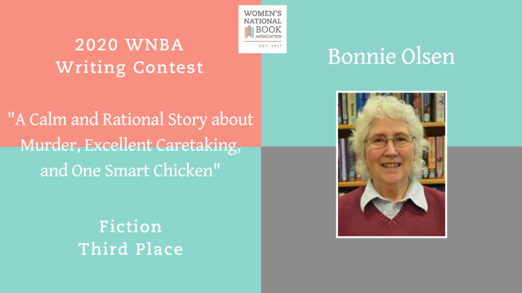 Graphic showing Bonnie Olsen's headshot stating she is the third place winner for fiction for the 2020 WNBA Writing Contest
