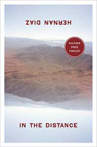 In the Distance book cover shows a light gray sky, mountains in the background, and desert in the midground. The cover is designed so that if you turn it 180 degrees, the image is the same.