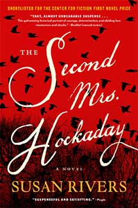 The Second Mrs. Hockaday book cover has a red sky with many black birds flying over a field.