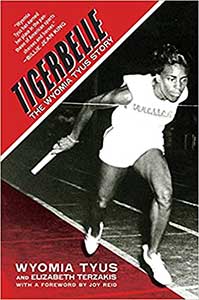Tigerbelle's cover is red wih and black and white photo of Wyomia Tyus running. 