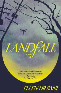 The book cover for Landfall has telephone poles and trees in black. They are leaning towards each other. An illusion is created that a large wave connects them.