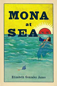 The book cover for Mona at Sea has a yellow sky, red sun with eyes peering out over a blue ocean. A woman in a graduation gown is flowing in the water, her cap with tassels sinks nearby.