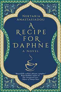 The book cover for A Recipe for Daphne has innate scrollwork. Under the title is the outline of a teacup with steam rising out of it.