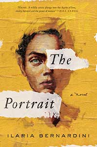 The book cover for The Portrait is golden yellow with a painted face on it. The left eye of the person is covered by part of the title. The left side of the portrait is more outline than filled in painting.