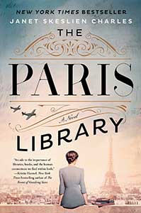 The book cover for The Paris Library shows a woman sitting on the roof of a building overlooking Paris with the Eiffel Tower in the distance.