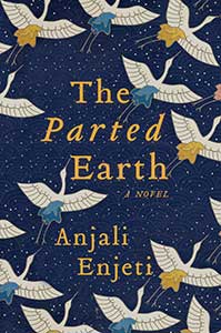 The book cover for The Parted Earth, a 2021 Great Group Reads selection, has a navy blue background with tiny stars. Partial images of fourteen white birds are spread out over the cover.