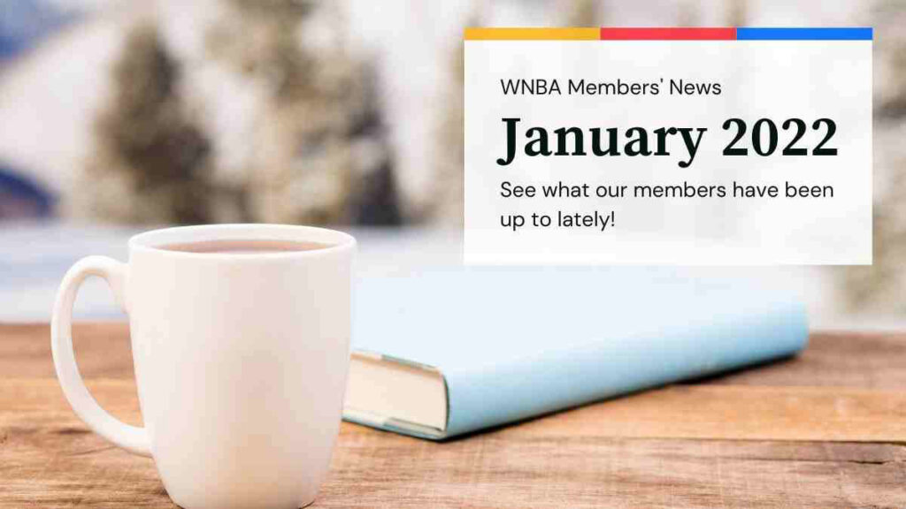 Image shows a snowy background with a table that has a book and a full mug. Text reads WNBA Members' News for January 2022.