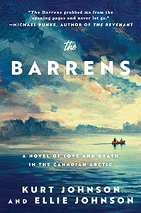 The book cover for The Barrens, a 2022 Great Group Reads selection, shows an illustration of water against snow peaked mountains, all done in shades of blue and white which produces the illusion of coldness.